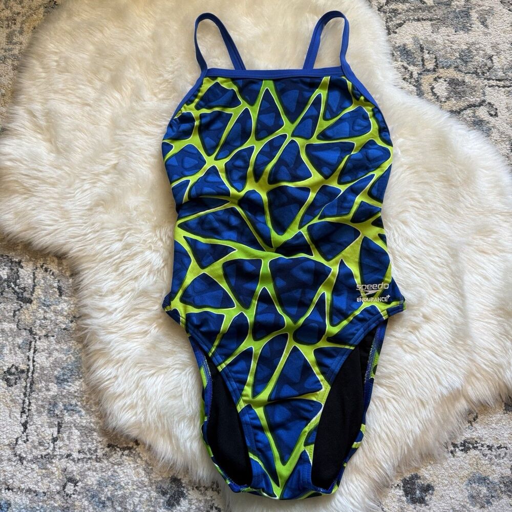 Speedo Endurance+ Caged Out Blue/Green Abstract Flyback Swimsuit Size 6/32